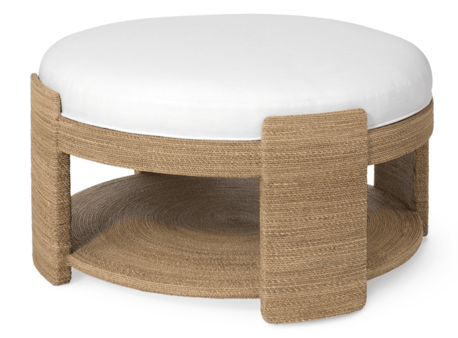 A circular ottoman featuring a natural woven jute rope base and an integrated circular lower shelf, topped with a plain white upholstered cushion. The base is crafted with vertical supports that extend above the cushion line, giving it a distinct profile. — 3D model