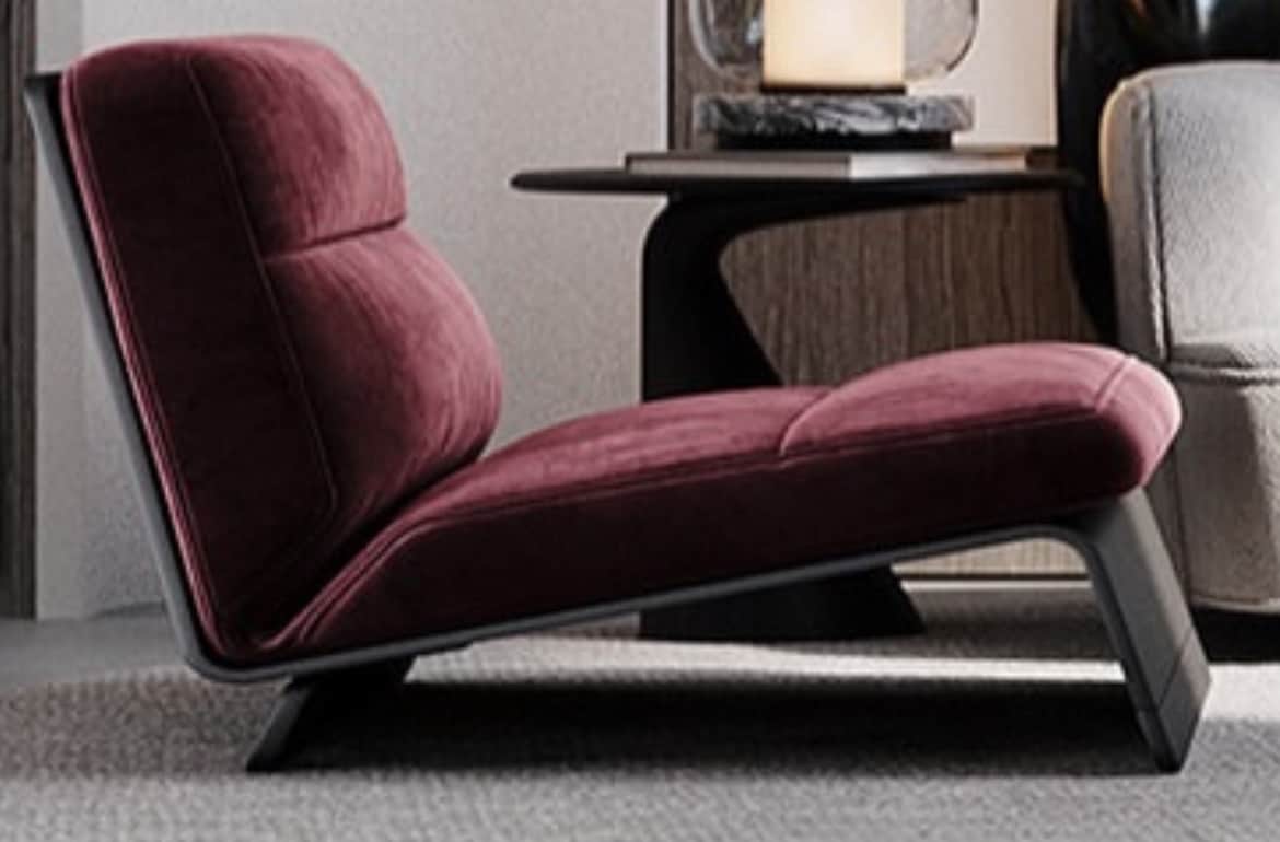 A modern armless lounge chair with a deep plum upholstered seat and back on a dark metal cantilevere… — 3D model