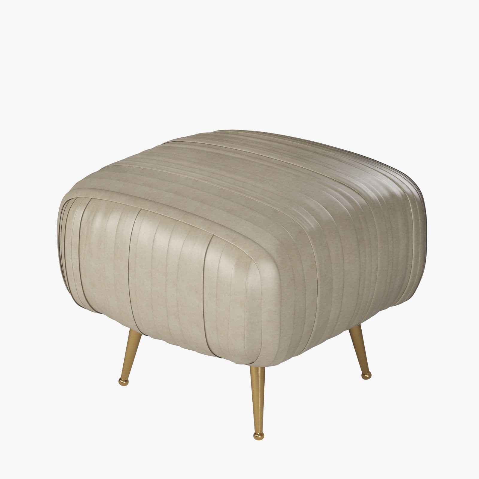 A rectangular upholstered ottoman featuring distinctive vertical channel tufting across its top and sides, supported by four slender, tapered gold-finished metal legs. — 3D model