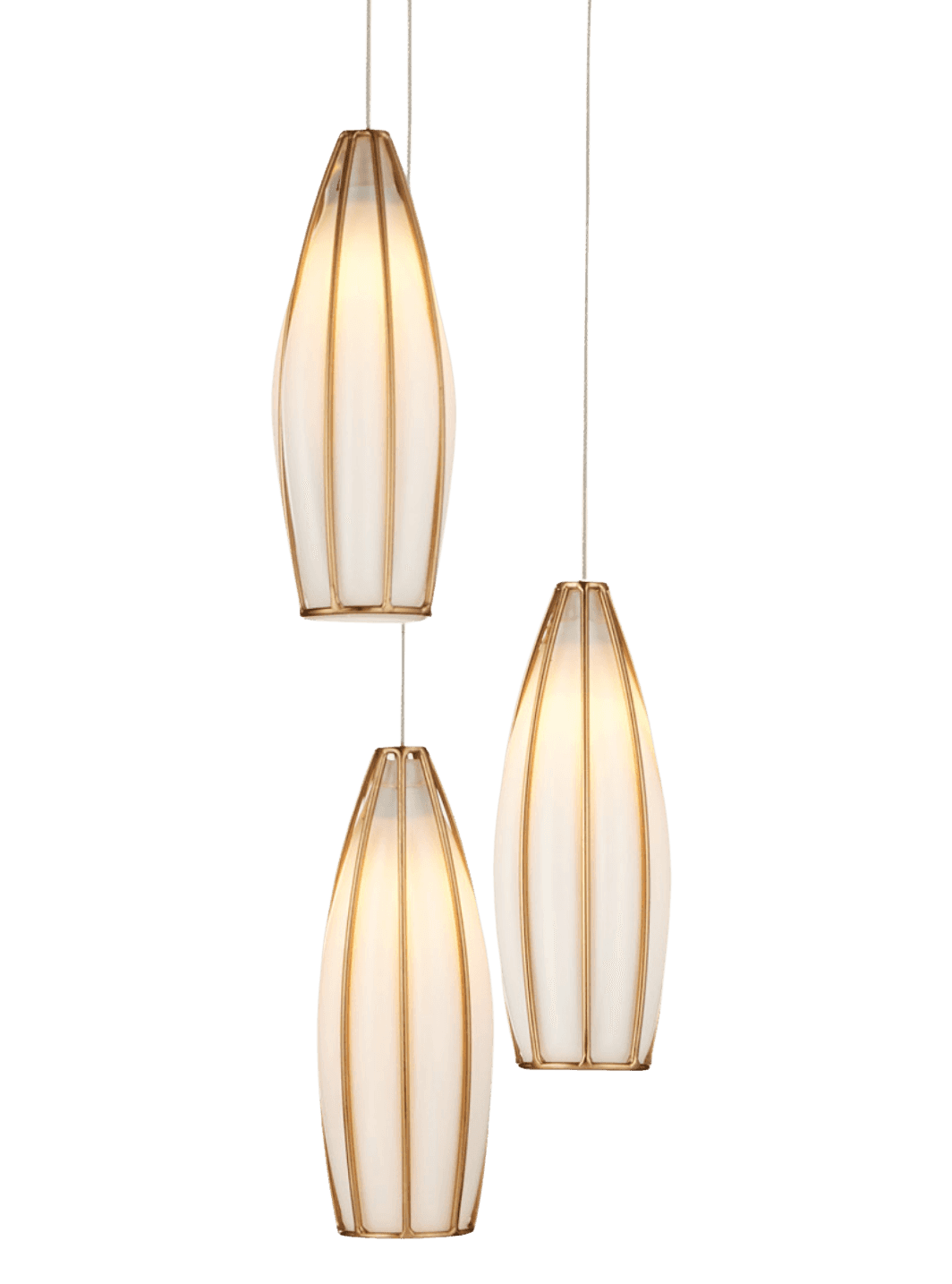 A set of three pendant lights, each featuring a ribbed, teardrop-shaped frosted glass shade held by… — 3D model