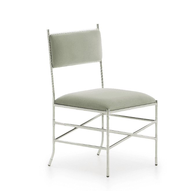 A contemporary side chair featuring a polished metal frame and upholstered seat and back. The frame… — 3D model