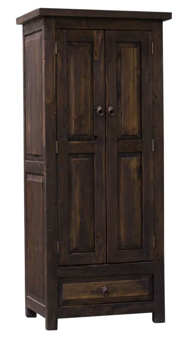 A tall, dark wood armoire with two cabinet doors and a single drawer at the bottom. The doors featur… — 3D model