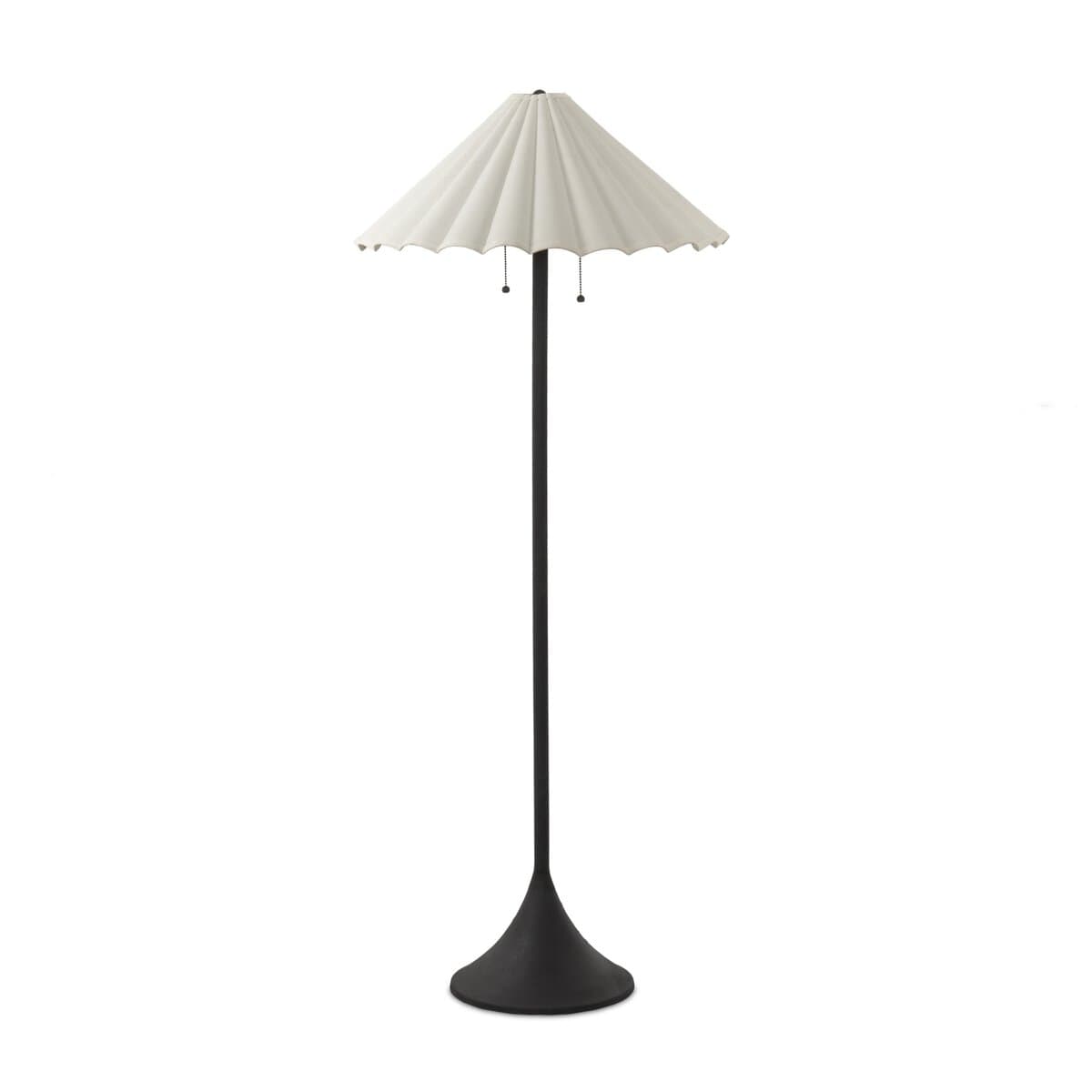 A floor lamp with a conical base, a slender vertical stem, and a pleated, umbrella-like lampshade. The lampshade has a scalloped edge and appears to be made of a fabric or textured material. The stem and base are dark, likely metal. The overall design is modern and elegant. — 3D model