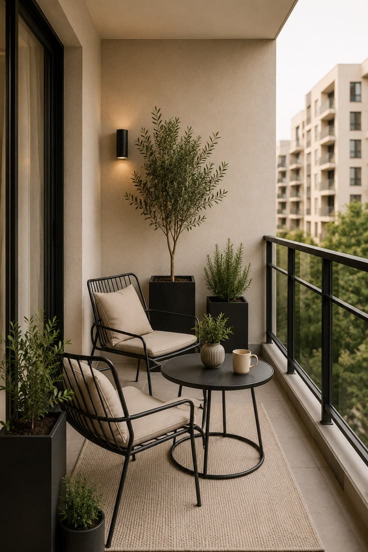 A patio bistro set consisting of two black wire-frame armchairs with light beige cushions and a round black metal side table with a solid top and ring base. — 3D model
