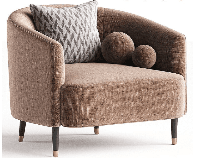 A modern tub-style armchair upholstered in a textured light brown fabric, featuring a curved back an… — free OBJ 3D model