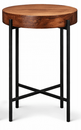 A round side table featuring a solid, natural wood top with a visible grain and a matte black metal… — 3D model