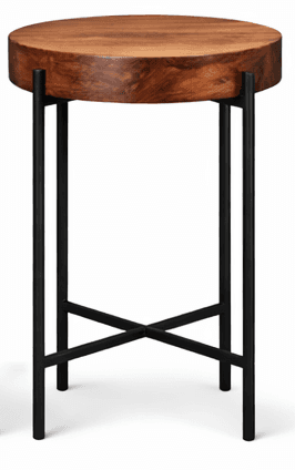 A round side table featuring a solid, natural wood top with a visible grain and a matte black metal base. The base consists of four straight legs joined by an X-shaped stretcher near the floor. — 3D model
