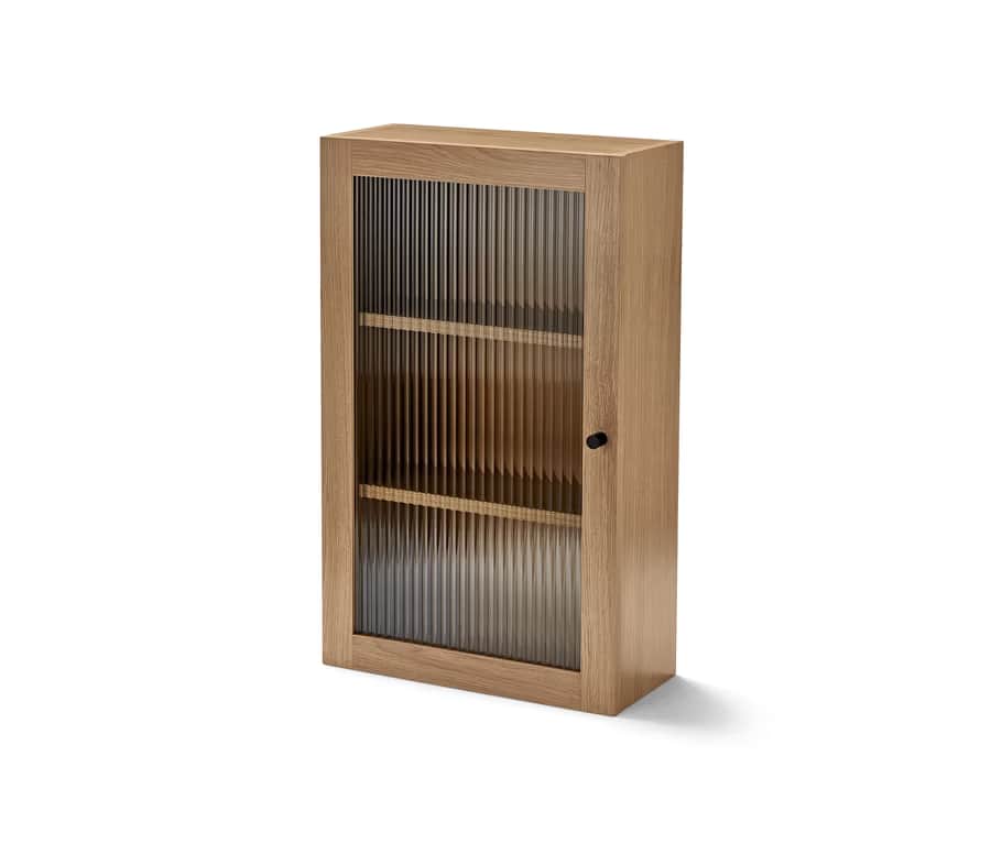 A narrow wooden cabinet with a single fluted glass door and two visible internal shelves. The cabine… — 3D model