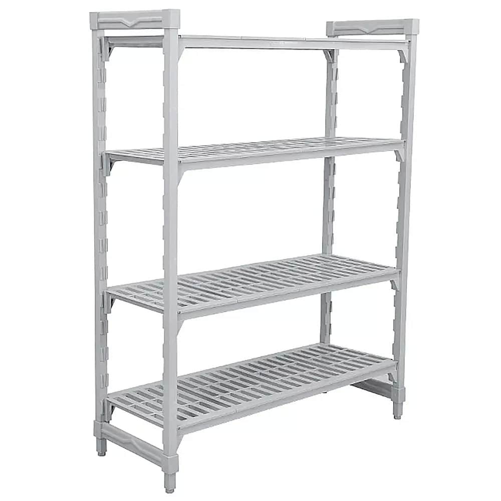 A light grey, four-tier, freestanding utility shelving unit constructed from molded plastic, featuri… — 3D model