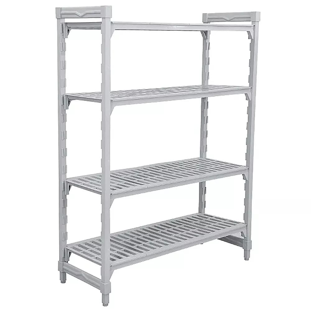 A light grey, four-tier, freestanding utility shelving unit constructed from molded plastic, featuring slatted shelves and vertical posts with adjustable height mechanisms. — 3D model