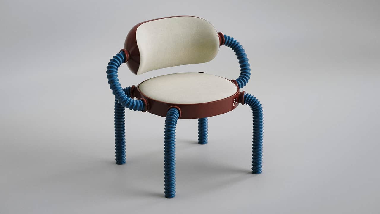 A unique armchair featuring a rounded, upholstered seat and a contoured backrest, both in cream fabr… — free OBJ 3D model