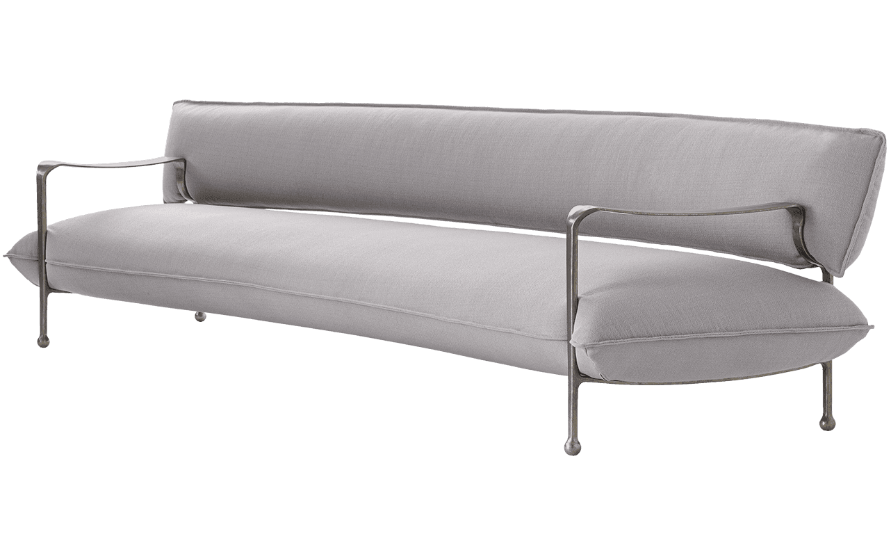 A modern two-seater sofa featuring a minimalist design. It consists of plush, light grey fabric cushions for both the seat and the backrest, supported by an exposed metal frame that forms the legs and armrests. — 3D model