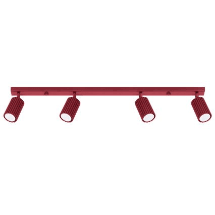 A modern, linear track lighting fixture featuring four adjustable cylindrical lamp heads in a vibrant red finish. Each light head exhibits a ribbed or finned texture around its circumference and is mounted on a straight, rectangular bar, allowing for directional illumination. — 3D model