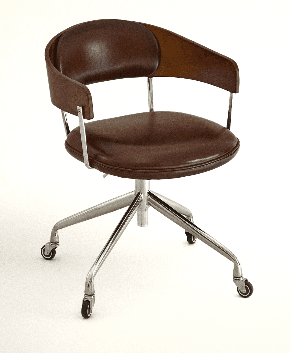A Mid-Century Modern style swivel desk chair featuring a curved wooden outer backrest, brown leather padded seat and inner backrest, and a chrome-plated metal frame with a five-star caster base. — 3D model