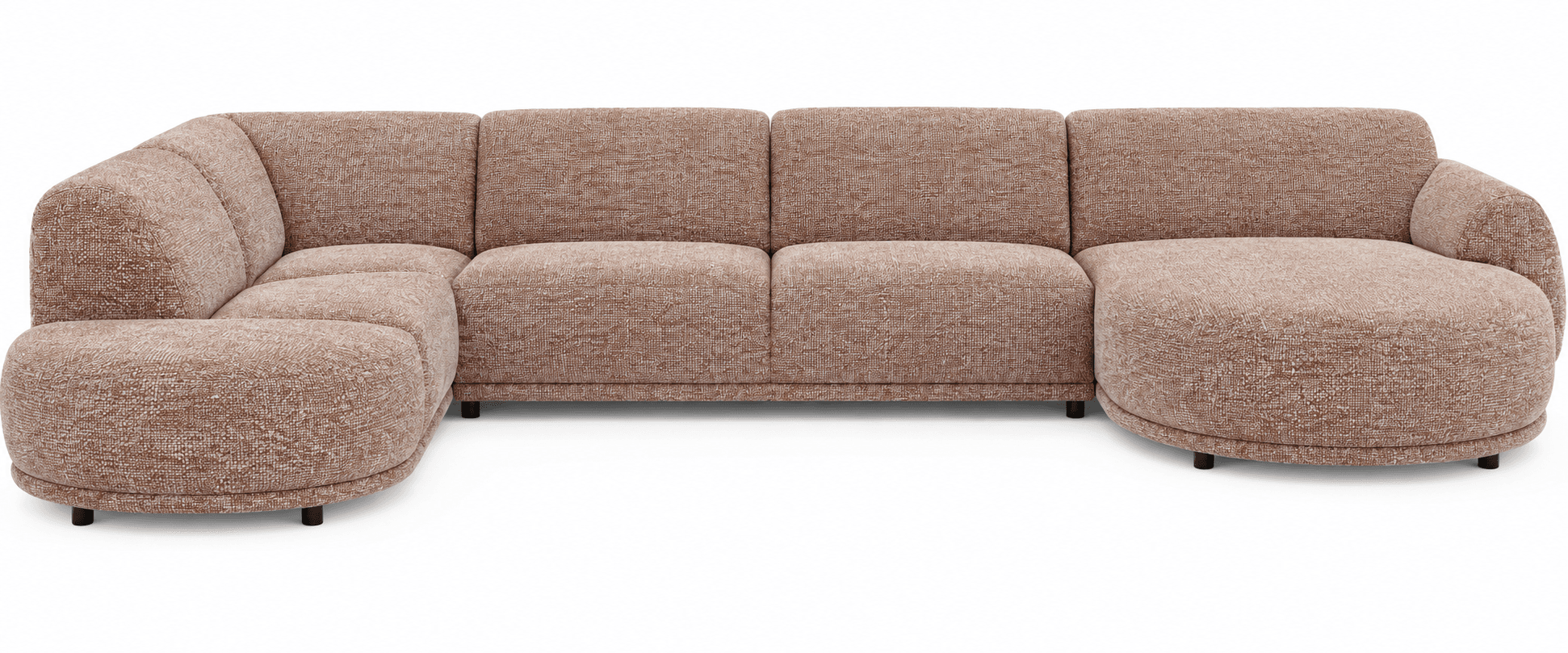 A large, U-shaped sectional sofa upholstered in a textured light brown fabric. It features a modular design with individual backrest and seat cushions. One end terminates in a rounded chaise lounge, while the other has a rounded armrest. The entire piece sits on small, black, low-profile feet, contributing to its modern aesthetic. — 3D model