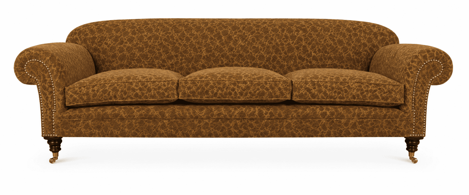 A traditional three-seater sofa featuring rolled arms, visible nailhead trim along the front of the… — 3D model