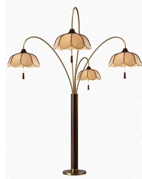 A multi-head floor lamp featuring a dark brown wooden central column, antique brass-finished arched… — 3D model