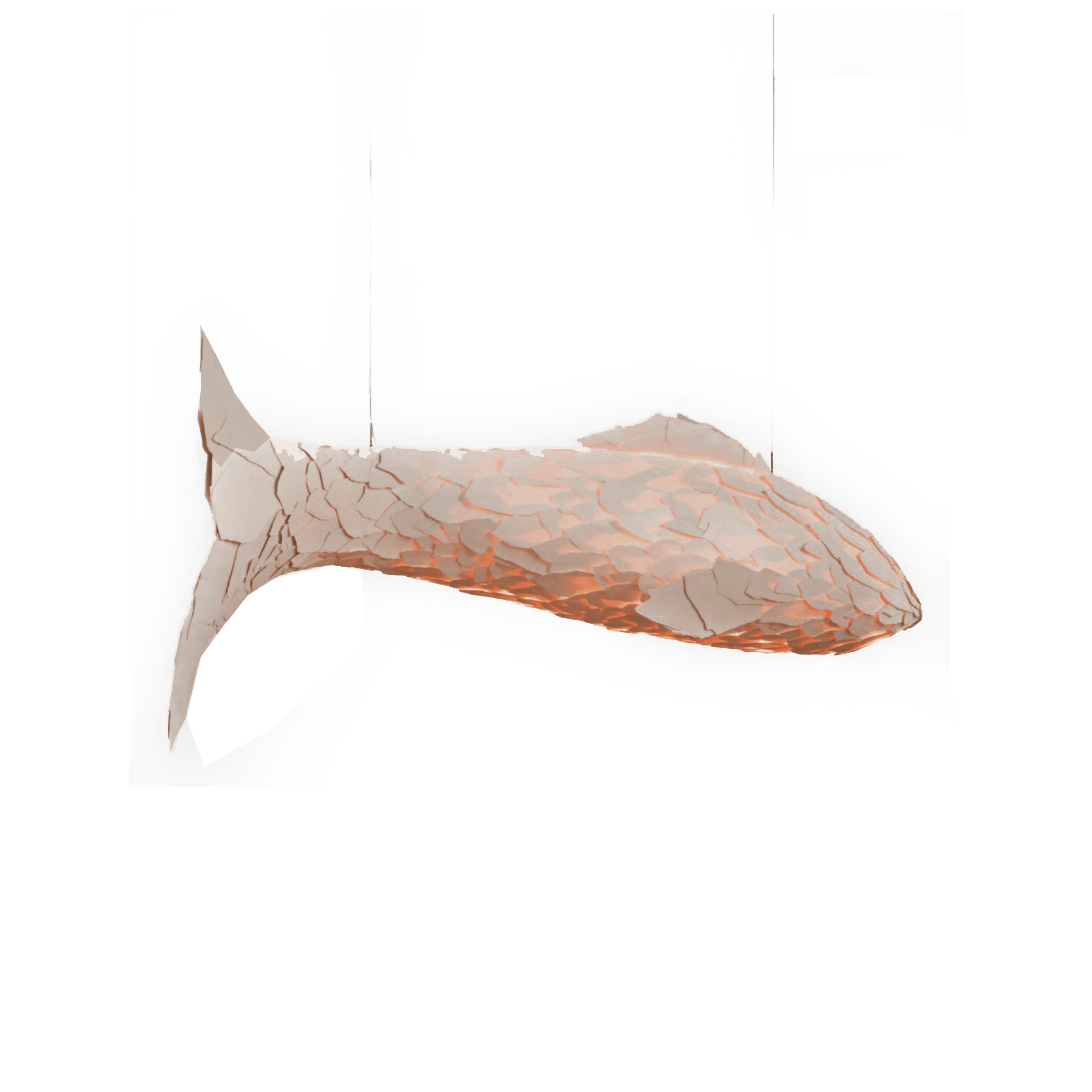 A wall lamp designed in the shape of a fish. The exterior appears to be made of segmented, textured material, possibly resembling scales or cracked ceramic. The interior emits a warm, orange light, visible through the translucent or broken sections of the exterior. It has a tail fin and a dorsal fin, and is mounted to a wall via a small fixture at the top. — 3D model
