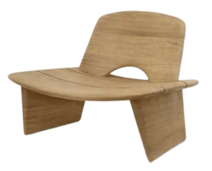 An organic and sculptural lounge chair crafted from light-colored wood, featuring a continuous, curved form that integrates the seat and backrest. The chair has a low profile with a wide seat and a gently reclined back. A distinctive, rounded cut-out detail is present in the lower backrest. The base is formed by two solid, angled panels that extend from the underside of the seat, providing stability. — 3D model
