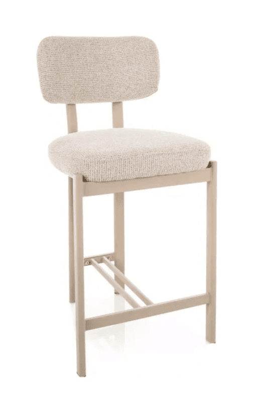 A contemporary bar stool with a square-profile metal frame and upholstered seat and backrest in a light, textured fabric. — 3D model