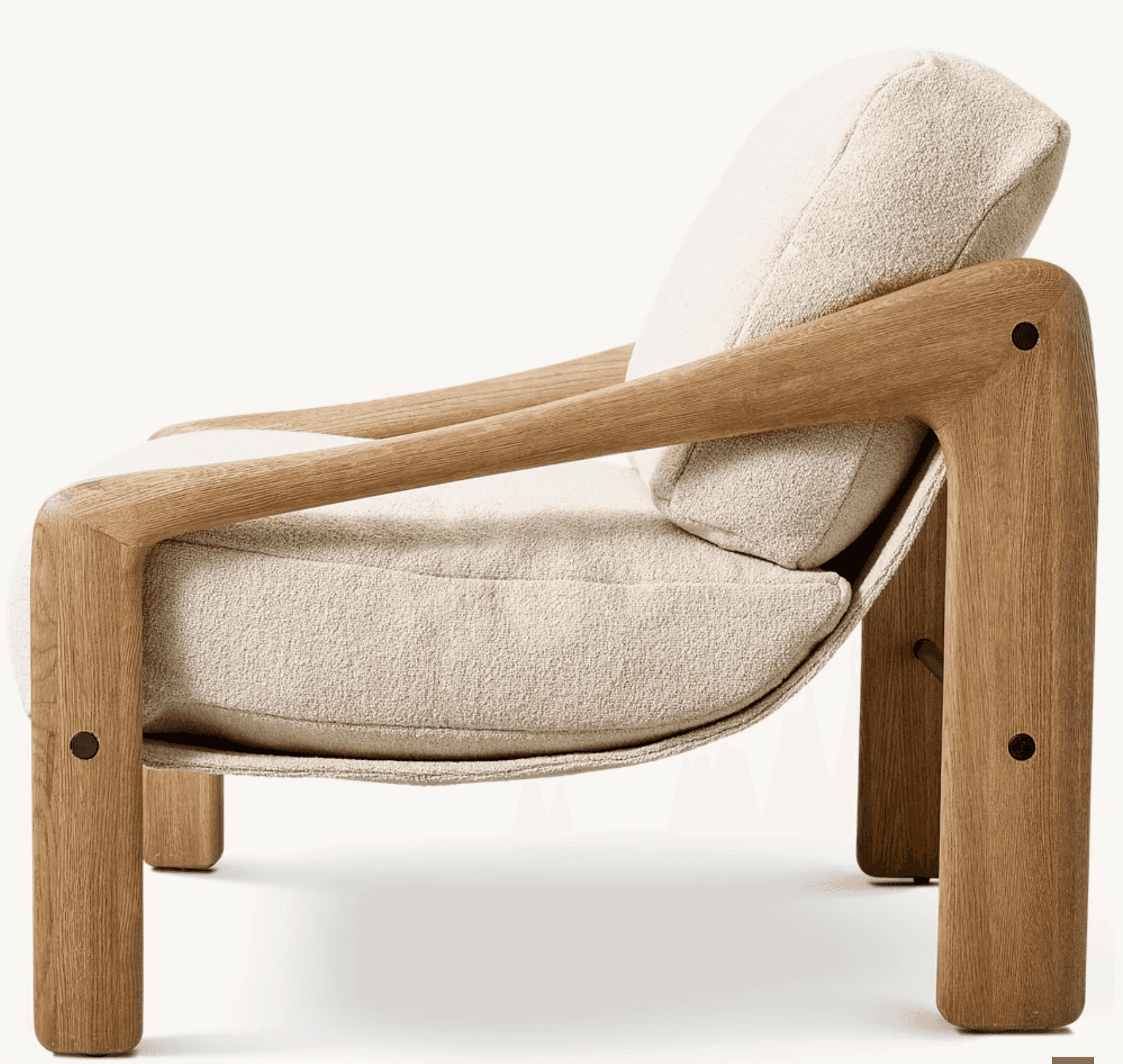A contemporary lounge chair featuring a prominent, sculptural wooden frame with integrated armrests,… — 3D model