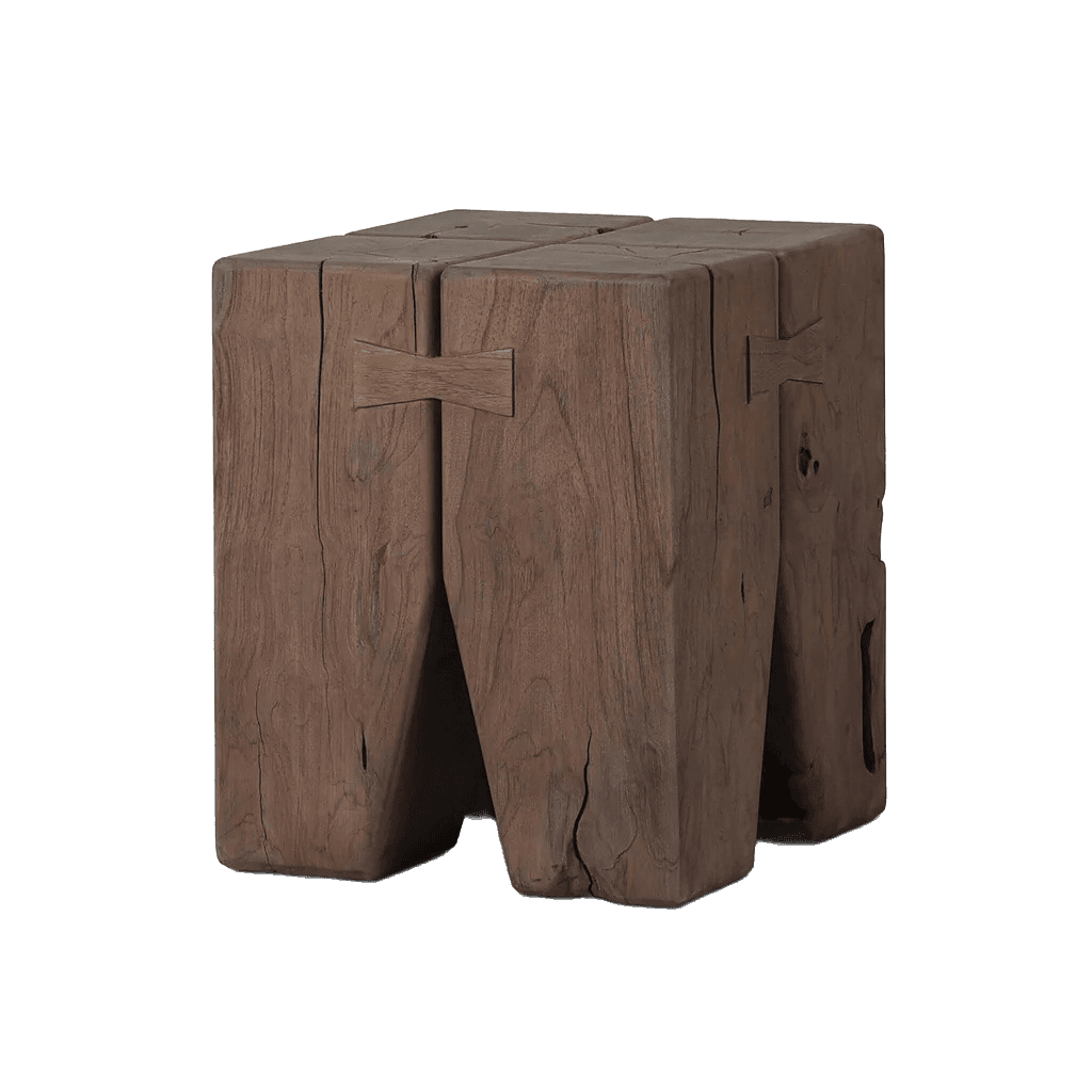 A stool constructed from solid, aged wood. The design features a cubic top divided into four sections and four legs that are cut at an angle, giving the appearance of four separate pillars. Visible joinery, specifically butterfly or dovetail-like wooden keys, are incorporated into the construction on the sides where the leg sections meet the top. The wood exhibits a natural grain, texture, and some surface imperfections, suggesting a rustic or naturalistic style. — 3D model