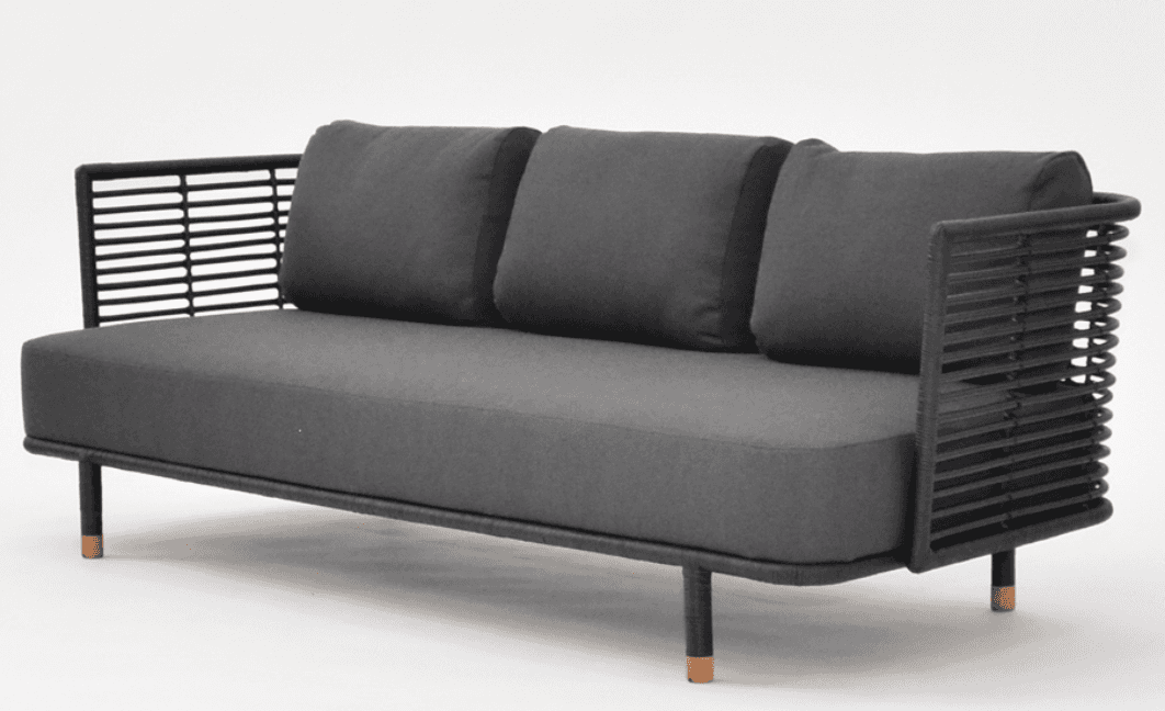 A three-seater sofa with a modern design. The frame is constructed from dark material, possibly meta… — 3D model