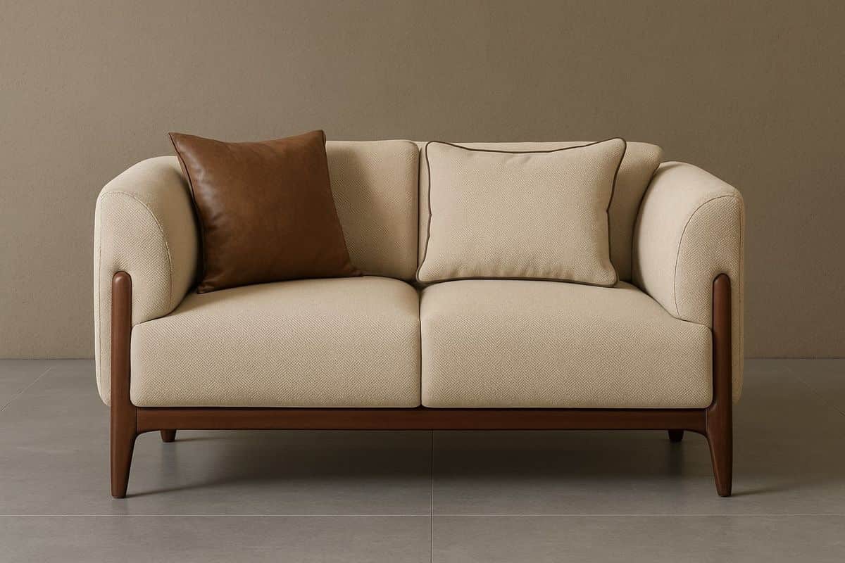 A contemporary two-seater loveseat upholstered in a light beige fabric, featuring an exposed dark wo… — 3D model