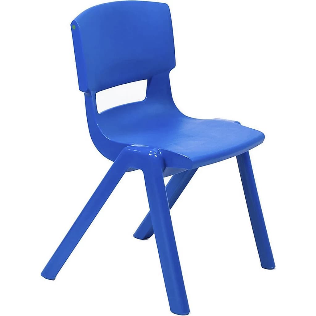 A vibrant blue, child-sized chair constructed from a single piece of molded plastic, featuring a curved backrest and seat, and splayed legs for stability. — 3D model