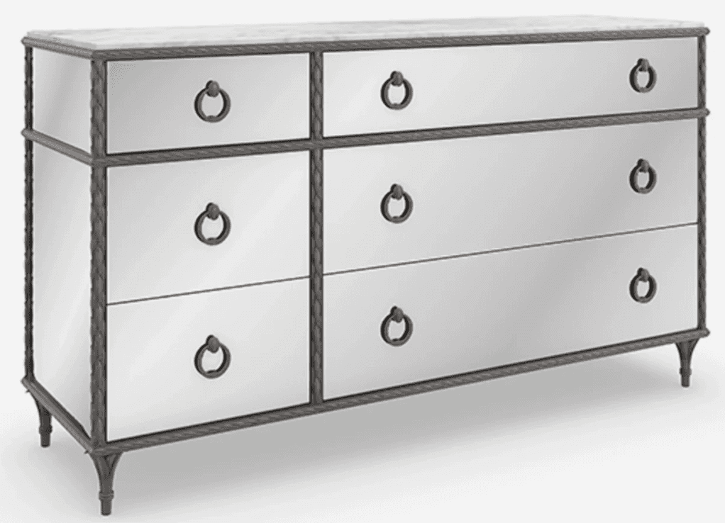 A sophisticated chest of drawers featuring a mirrored body, a white marble top, and a distinctive ro… — free GLB 3D model