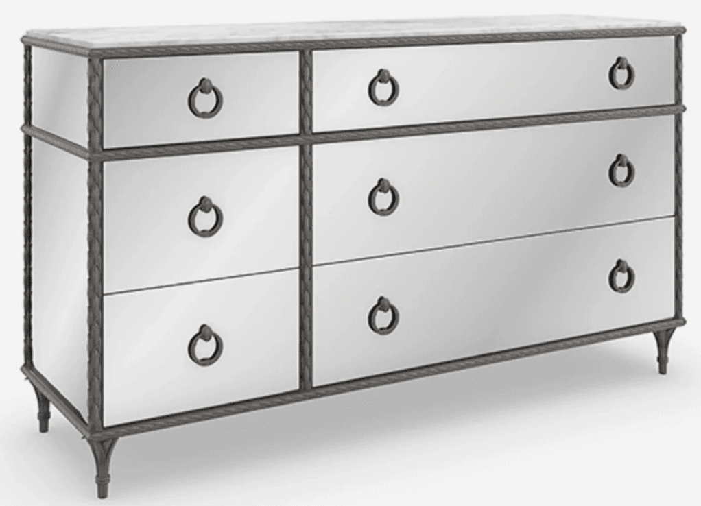 A sophisticated chest of drawers featuring a mirrored body, a white marble top, and a distinctive rope-twist metal frame. It comprises six drawers with dark ring pull handles, resting on tapered metal legs. — 3D model