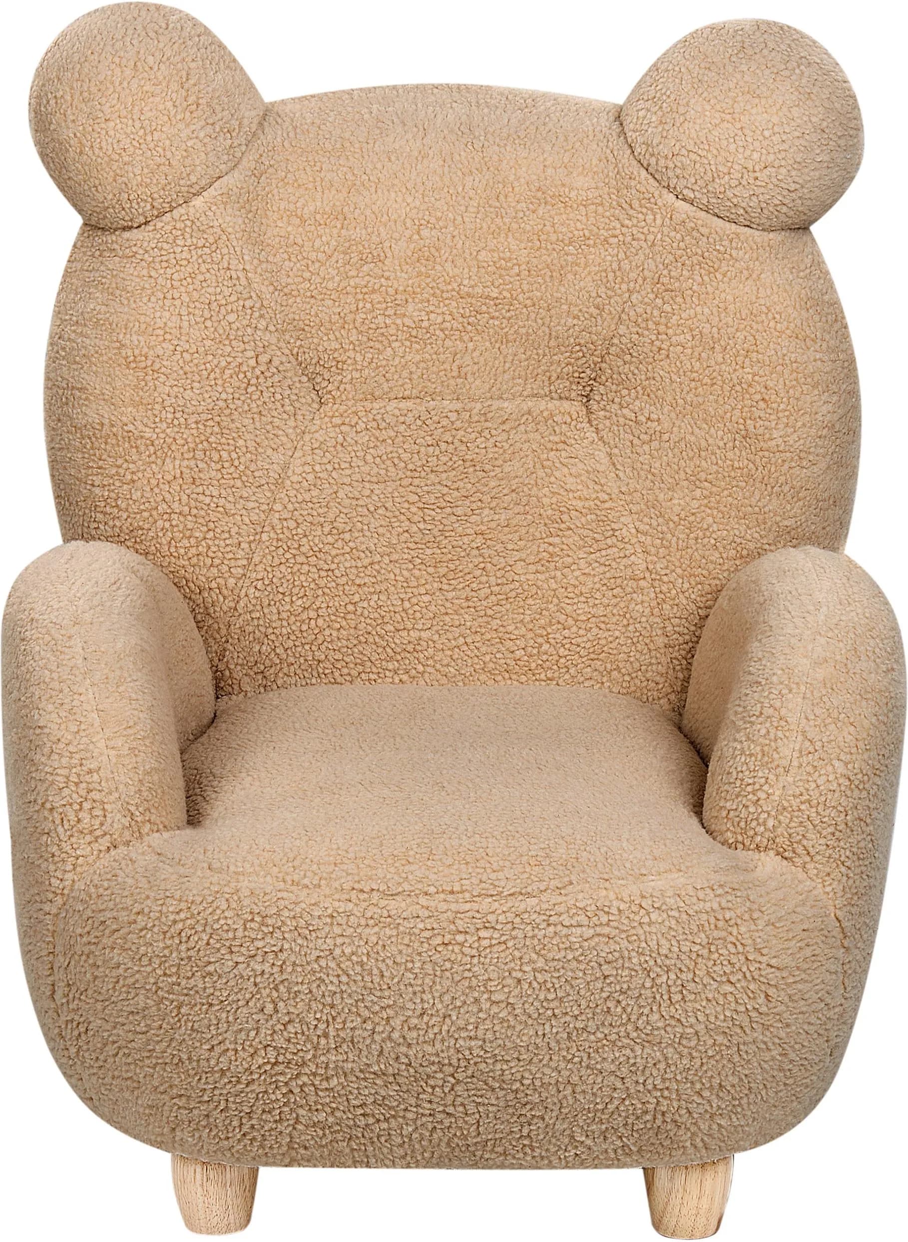 A plush armchair designed to resemble a bear's head, featuring rounded ear-like protrusions at the top of the backrest. The upholstery is a textured, looped fabric, likely sherpa or a similar synthetic fleece. It has a tufted back cushion and integrated armrests that curve downwards. The chair is supported by four short, rounded wooden legs. — 3D model