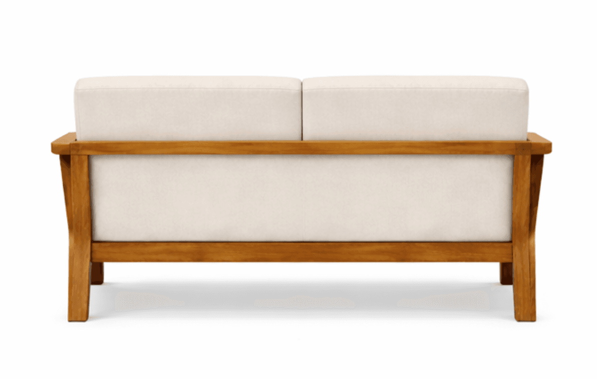 A two-seater sofa with a wooden frame and upholstered cushions. The frame appears to be constructed from natural wood, possibly teak or acacia, with a smooth finish. The seat and backrest are covered in white, upholstered cushions, divided into two sections for seating. The design is simple and modern, suitable for outdoor or indoor use. — 3D model