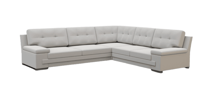 An L-shaped sectional sofa upholstered in light gray fabric, featuring button-tufted backrests, wide padded armrests, and a low-profile base with discreet feet. — 3D model