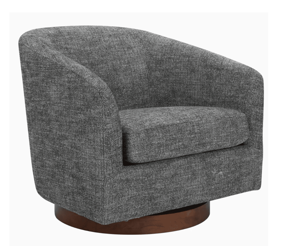 An upholstered barrel chair with a rounded back and integrated arms, featuring a textured grey fabric and supported by a dark wood swivel plinth base. It has a single, removable seat cushion. — 3D model