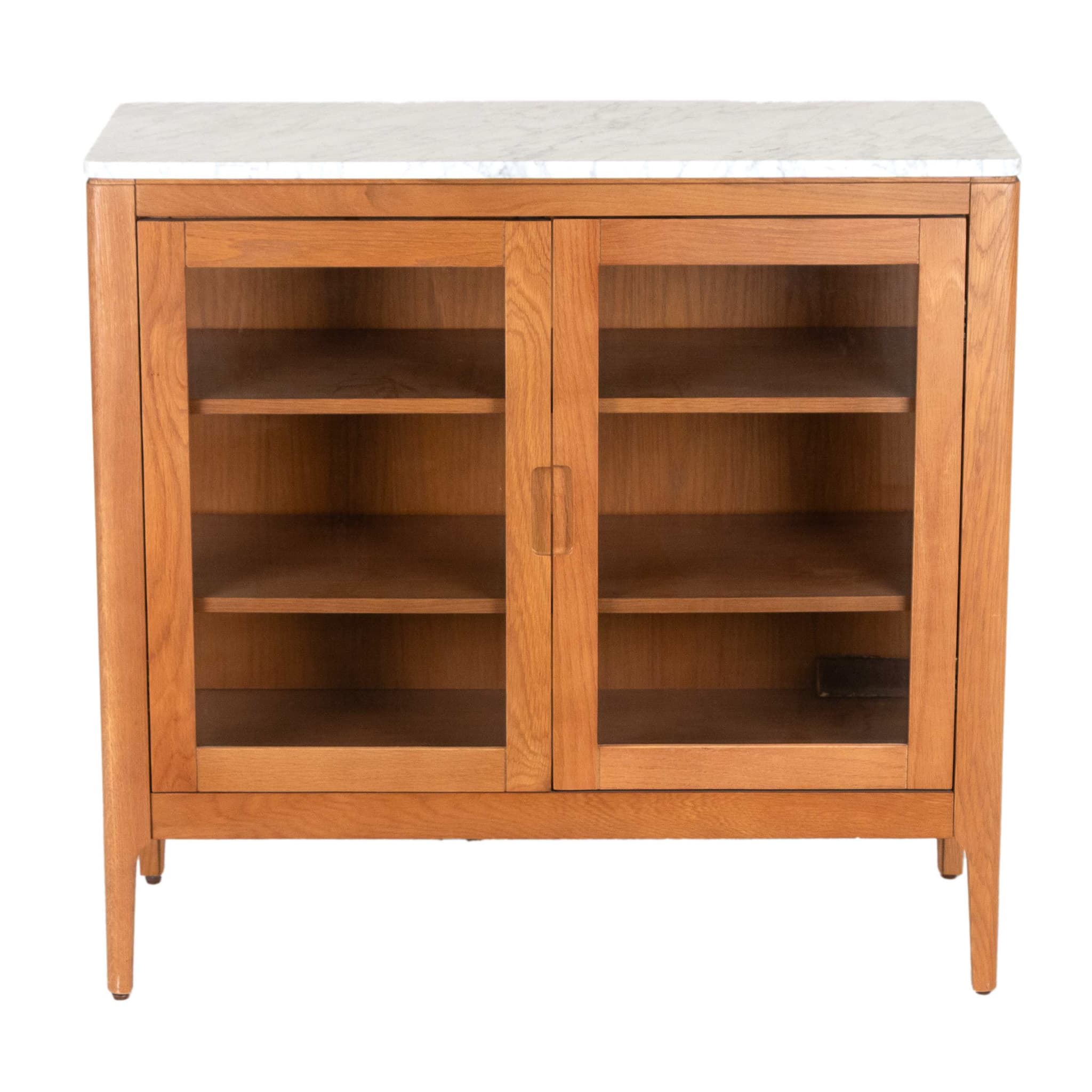 A rectangular display cabinet featuring a white marble top, light-toned wooden construction, and two framed glass doors. The cabinet stands on four tapered legs and includes internal shelving. — 3D model
