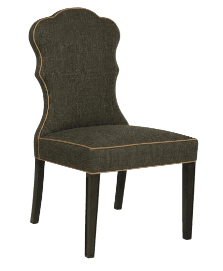 A dark green upholstered dining chair with a tall, scalloped backrest and a seat cushion. It feature… — 3D model