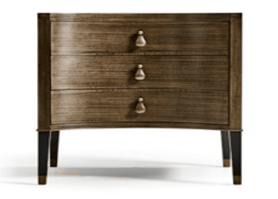 A three-drawer chest of drawers with a rustic wood grain finish and brass-colored, teardrop-shaped h… — 3D model
