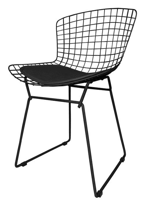 A modern black wire grid chair with a minimalist design, featuring a curved backrest and seat made f… — 3D model