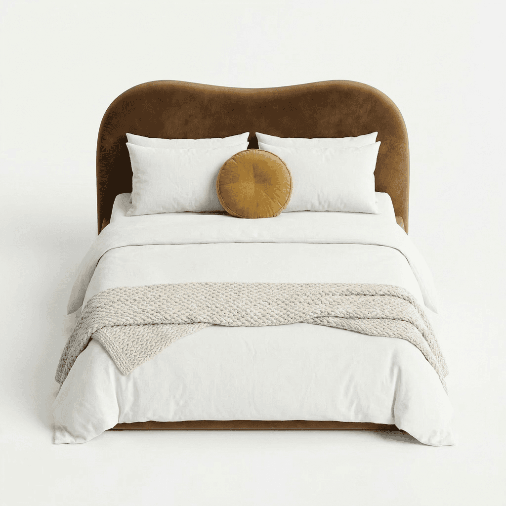 A modern upholstered bed featuring a distinctive wavy headboard and a low-profile frame. The bed is… — free BLEND 3D model