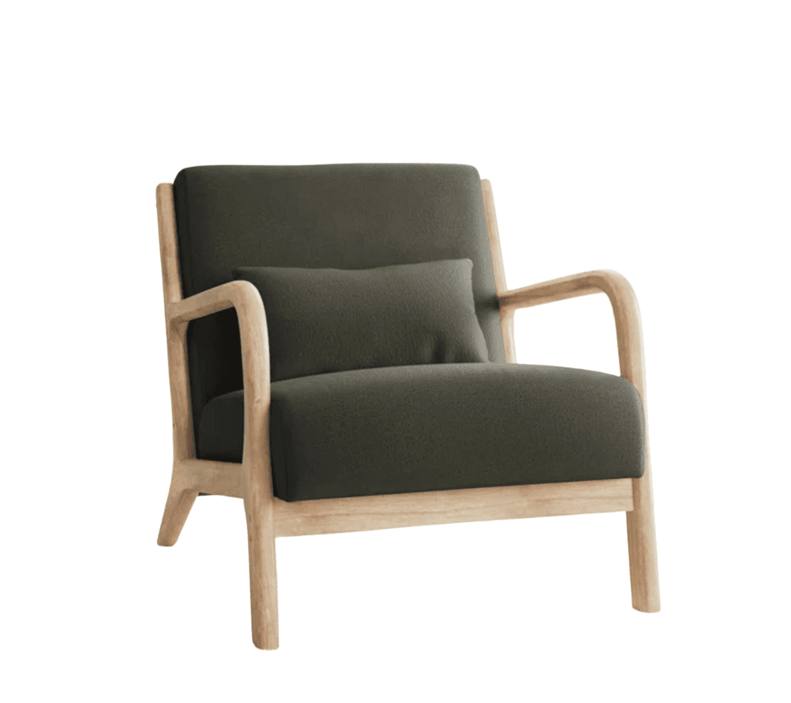 A modern armchair featuring a wooden frame and upholstered seating and backrest. It includes a single lumbar pillow for added comfort. The frame has a light wood finish with visible grain, and the upholstery is a textured dark gray fabric. — 3D model