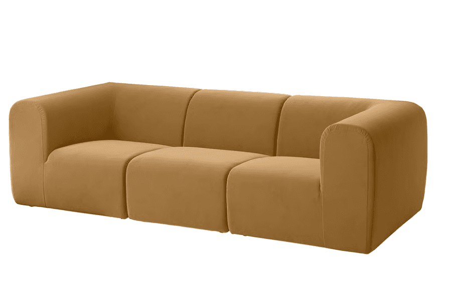 A modular three-seater sofa with rounded edges and block-like segments. The sofa features a low profile and seamless upholstery, suggesting a contemporary or minimalist design aesthetic. — 3D model