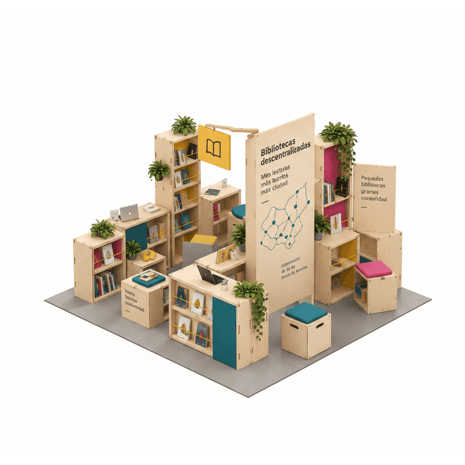 A comprehensive modular display system constructed from light-colored birch plywood panels. The syst… — 3D model