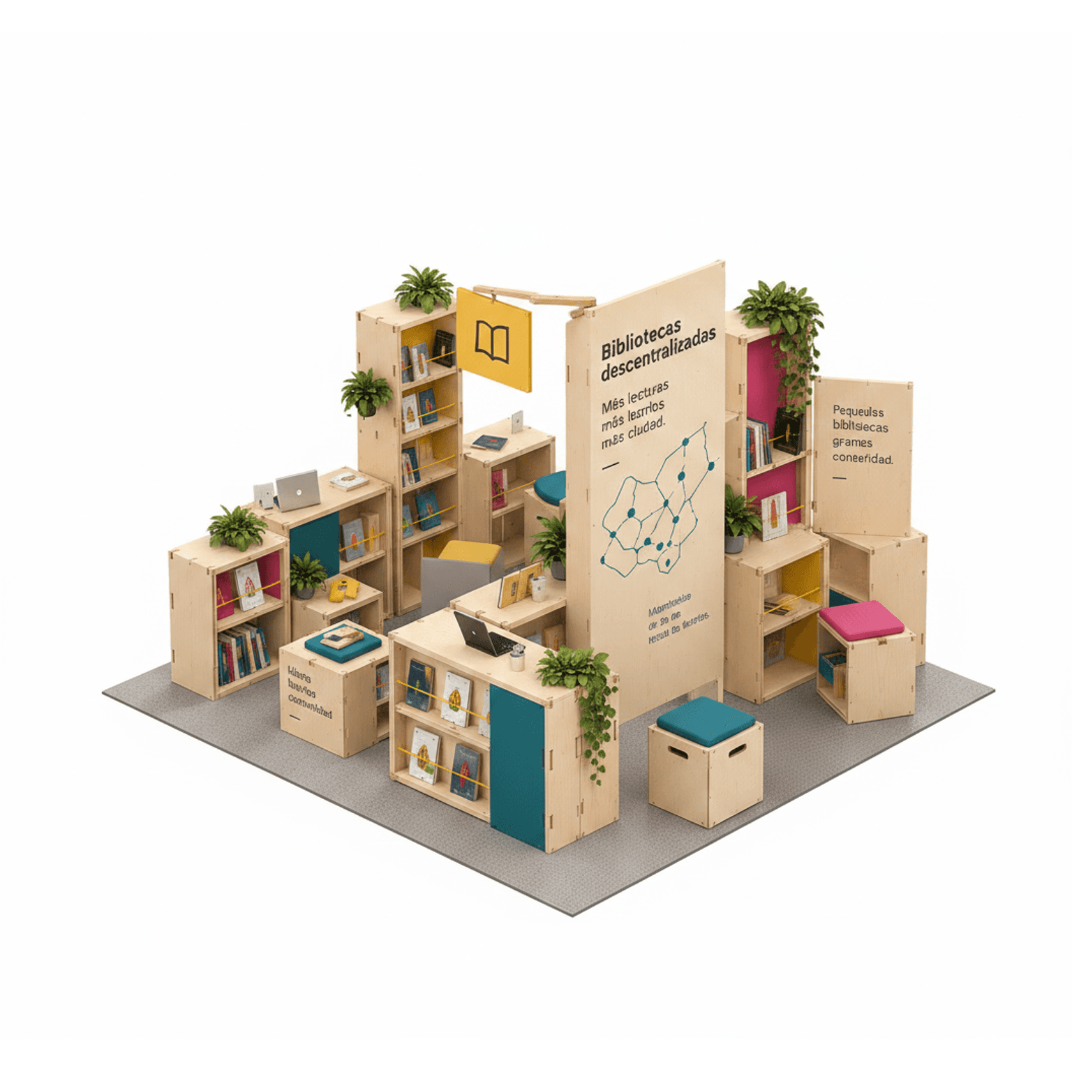 A comprehensive modular display system constructed from light-colored birch plywood panels. The system is designed to create an interactive environment, likely for a library or educational exhibit, featuring multiple shelving units for books and display items. It incorporates various configurations, including open shelves, partially enclosed cubbies with colored back panels (teal, pink, yellow), integrated seating cubes with upholstered tops, and tall display panels with graphics and text. Potted plants are strategically placed throughout the setup, adding natural elements. The entire system rests on a grey carpeted base, suggesting an exhibition or temporary installation. — 3D model
