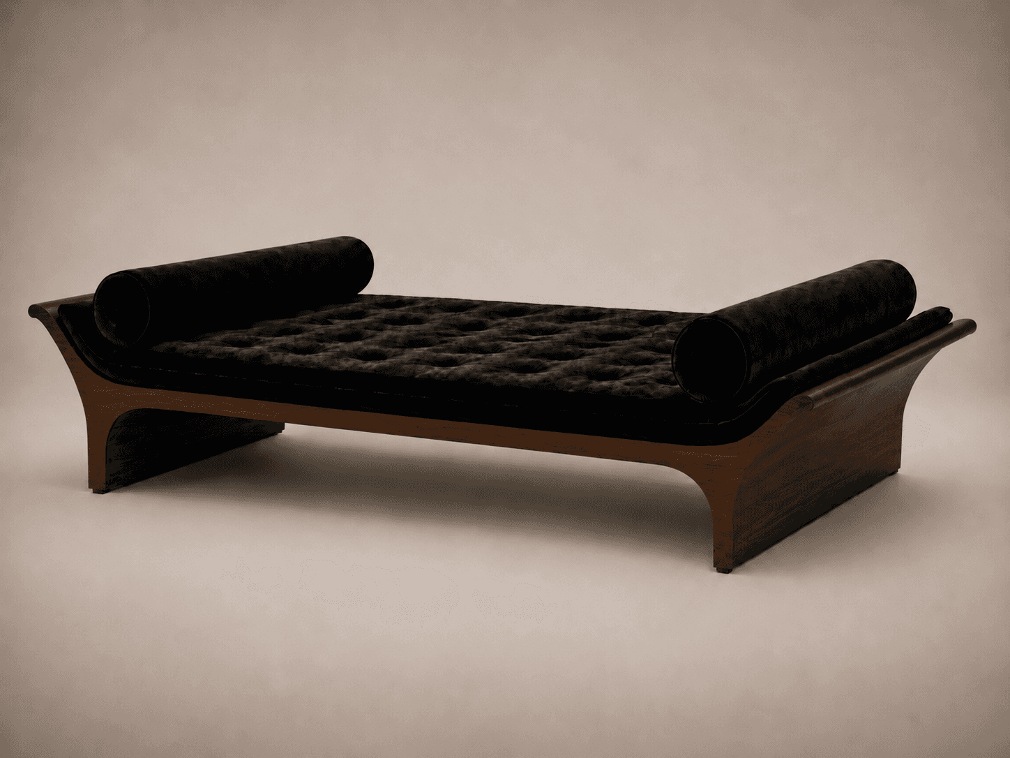 A contemporary daybed with a curved wooden base and legs. The seating surface is upholstered in blac… — 3D model
