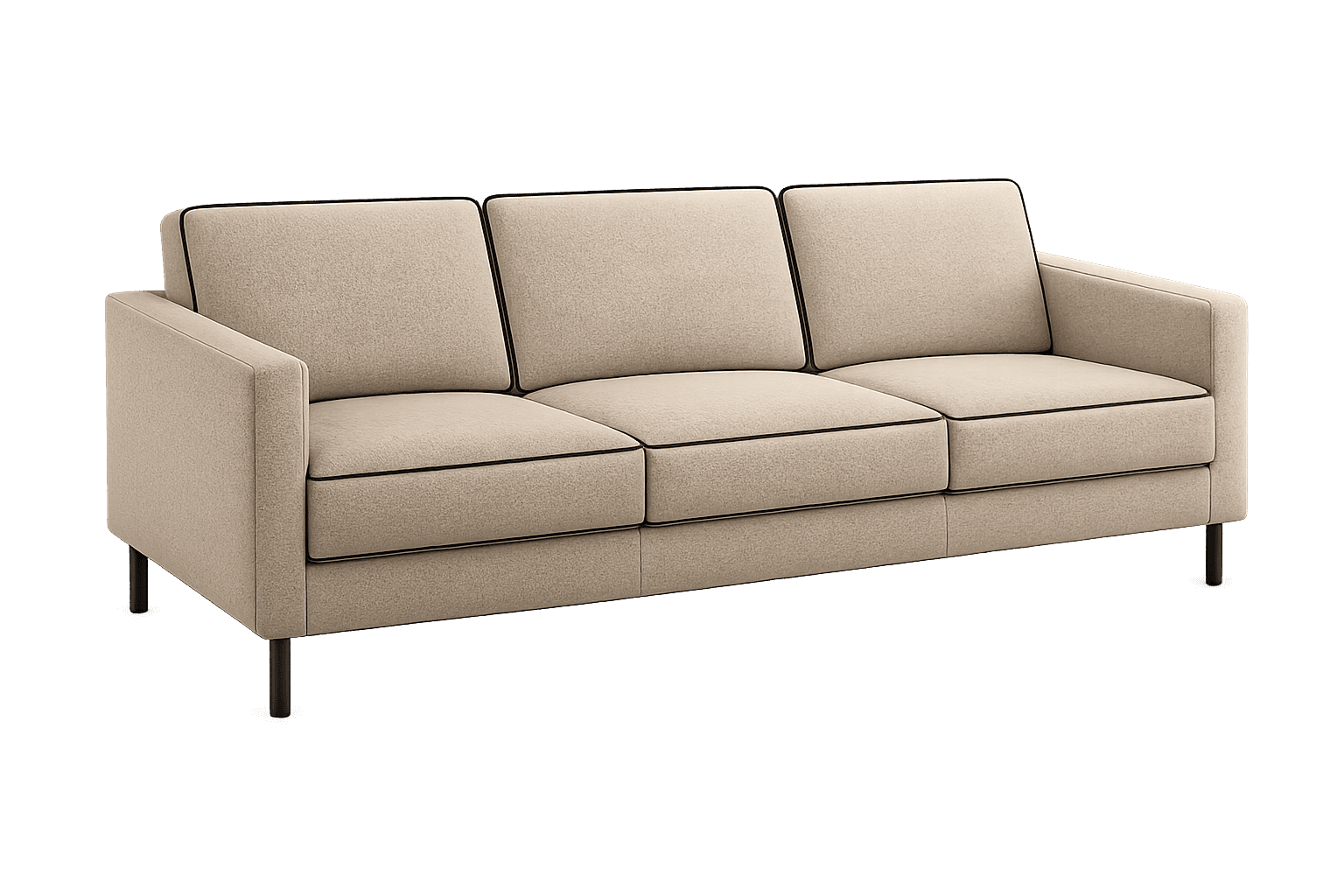 A contemporary three-seater sofa featuring light beige fabric upholstery. It has clean lines with straight track arms and a minimalist silhouette. Both the seat and back cushions are defined by black piping along their edges, providing a subtle contrast. The sofa is supported by four slender, cylindrical black metal legs. — 3D model