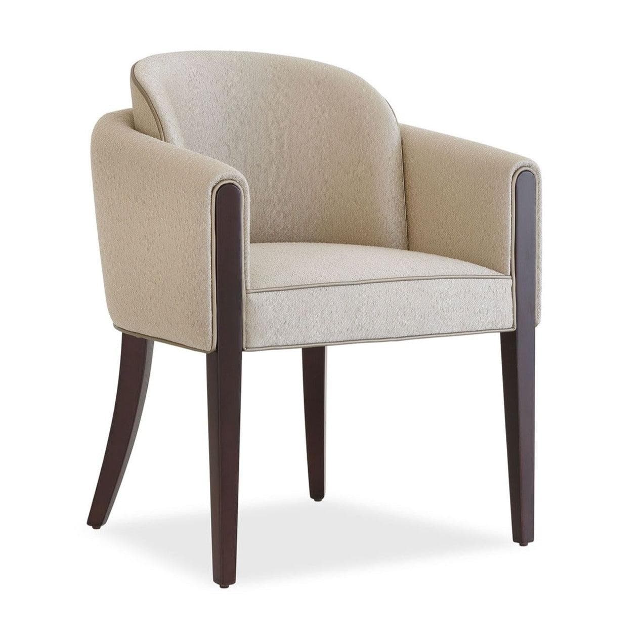 An upholstered armchair featuring a continuous rounded back and integrated arms, set on four dark wooden tapered legs. The chair is upholstered in a light-colored, subtly textured fabric with contrasting piping along the edges. Segments of dark wood are exposed on the outer side of the armrests. — 3D model