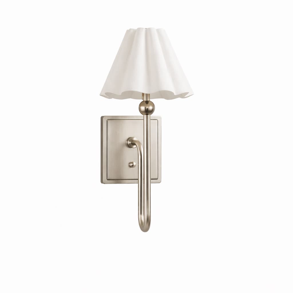 A wall-mounted lamp with a square backplate and a curved arm extending downwards. It features a white fabric lampshade with a pleated, scalloped edge. The hardware appears to be brushed metal. — 3D model