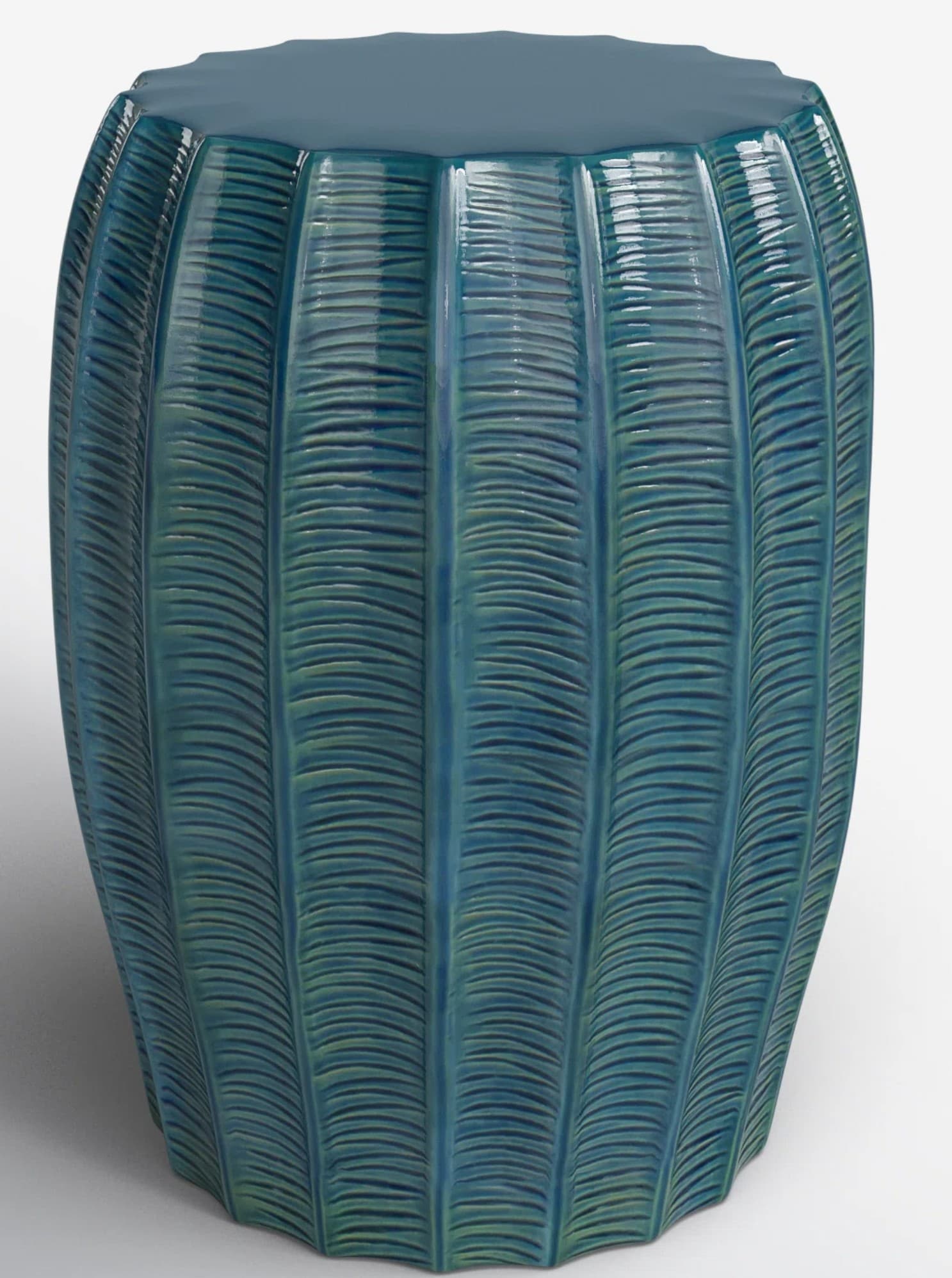 A ceramic stool with a fluted design. The stool has a cylindrical base with vertical, wavy grooves that create a textured surface. The top is flat and slightly wider than the base. The finish is a glossy, multi-tonal blue-green glaze. — 3D model