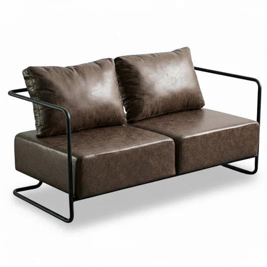 A two-seater sofa with a dark brown faux leather upholstery and a minimalist black metal frame. The sofa features two seat cushions and two back cushions that appear to be filled with soft material. The armrests are formed by the continuation of the metal frame. — 3D model